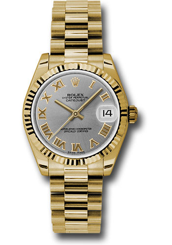 Rolex Yellow Gold Datejust 31 Watch - Fluted Bezel - Gray Roman Dial - President Bracelet