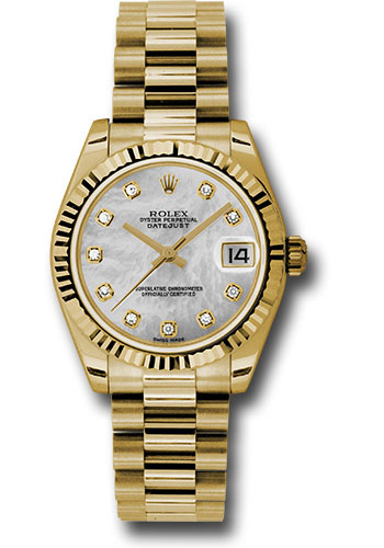 Rolex Yellow Gold Datejust 31 Watch - Fluted Bezel - Mother-Of-Pearl Diamond Dial - President Bracelet