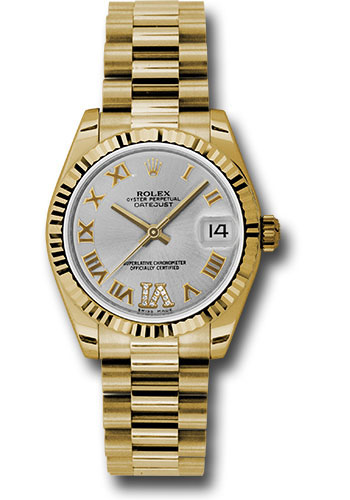 Rolex Yellow Gold Datejust 31 Watch - Fluted Bezel - Silver Diamond Roman Vi Roman Dial - President Bracelet