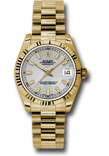 Rolex Yellow Gold Datejust 31 Watch - Fluted Bezel - Silver Diamond Roman Vi Index Dial - President Bracelet