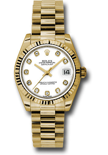 Rolex Yellow Gold Datejust 31 Watch - Fluted Bezel - White Diamond Dial - President Bracelet