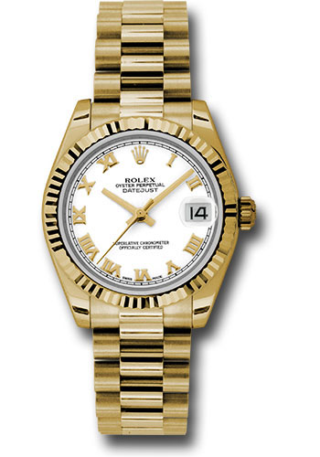 Rolex Yellow Gold Datejust 31 Watch - Fluted Bezel - White Roman Dial - President Bracelet