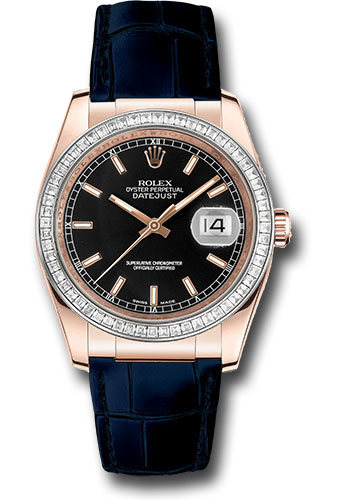 Rolex Rolex Everose Gold Datejust 36 Watch - 60 Diamond Bezel - Black Index Dial - Blue Leather Strap