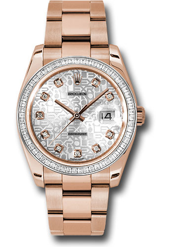 Rolex Everose Gold Datejust 36 Watch - Baguette Diamond Bezel - Silver Jublilee Diamond Dial - Oyster Bracelet