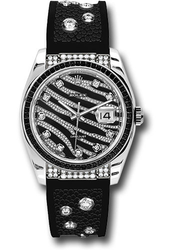 Rolex White Gold Datejust Royal Black 36 Watch - 60 Baguette Black Sapphires Bezel - Black And Diamond Paved Dial - Galuchat