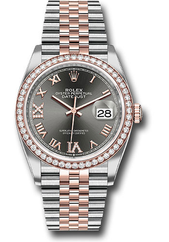 olex Steel and Everose Rolesor Datejust 36 Watch - Diamond Bezel - Dark Rhodium Roman Dial - Jubilee Bracelet