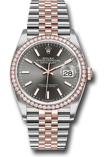 Rolex Steel and Everose Rolesor Datejust 36 Watch - Diamond Bezel - Dark Rhodium Index Dial - Jubilee Bracelet