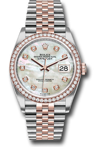 Rolex Steel and Everose Rolesor Datejust 36 Watch - Diamond Bezel - White Mother-Of-Pearl Diamond Dial - Jubilee Bracelet