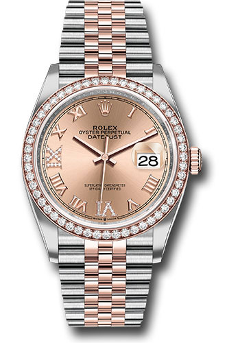 Rolex Steel and Everose Rolesor Datejust 36 Watch - Diamond Bezel - Rose Roman Dial - Jubilee Bracelet