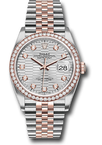 Rolex Everose Rolesor Datejust 36 Watch - Diamond Bezel - Silver Fluted Motif Diamond Dial - Jubilee Bracelet