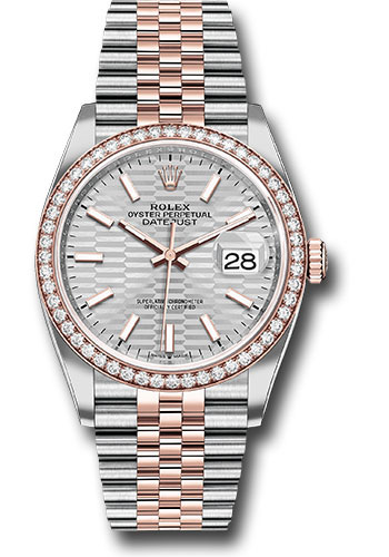 Rolex Everose Rolesor Datejust 36 Watch - Diamond Bezel - Silver Fluted Motif Index Dial - Jubilee Bracelet