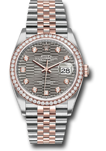 Rolex Everose Rolesor Datejust 36 Watch - Diamond Bezel - Slate Fluted Motif Diamond Dial - Jubilee Bracelet
