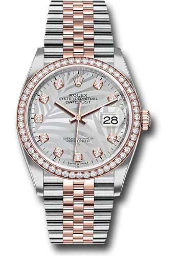 Rolex Everose Rolesor Datejust 36 Watch - Diamond Bezel - Silver Palm Motif Diamond Dial - Jubilee Bracelet