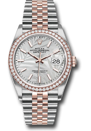 Rolex Everose Rolesor Datejust 36 Watch - Diamond Bezel - Silver Palm Motif Index Dial - Jubilee Bracelet