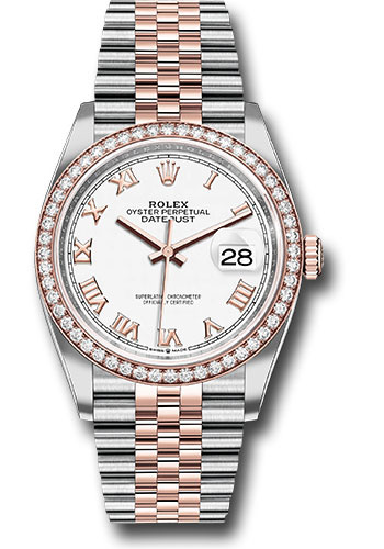 Rolex Steel and Everose Rolesor Datejust 36 Watch - Diamond Bezel - White Roman Dial - Jubilee Bracelet