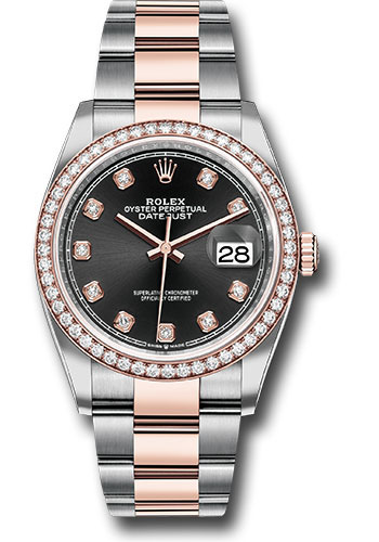 Rolex Steel and Everose Rolesor Datejust 36 Watch - Diamond Bezel - Black Diamond Dial - Oyster Bracelet