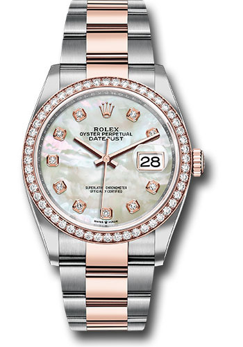 Rolex Steel and Everose Rolesor Datejust 36 Watch - Diamond Bezel - White Mother-Of-Pearl Diamond Dial - Oyster Bracelet
