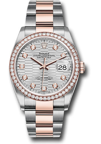 Rolex Everose Rolesor Datejust 36 Watch - Diamond Bezel - Silver Fluted Motif Diamond Dial - Oyster Bracelet