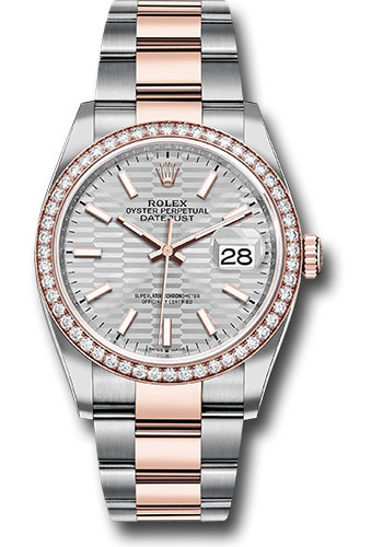 Rolex Everose Rolesor Datejust 36 Watch - Diamond Bezel - Silver Fluted Motif Index Dial - Oyster Bracelet