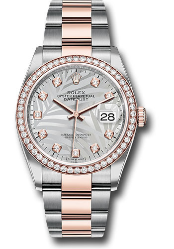 Rolex Everose Rolesor Datejust 36 Watch - Diamond Bezel - Silver Palm Motif Diamond Dial - Oyster Bracelet