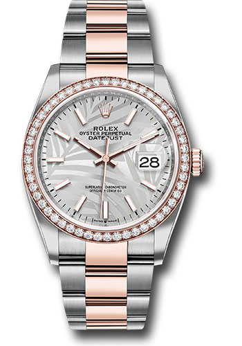 Rolex Everose Rolesor Datejust 36 Watch - Diamond Bezel - Silver Palm Motif Index Dial - Oyster Bracelet