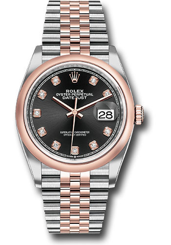 Rolex Steel and Everose Rolesor Datejust 36 Watch - Domed Bezel - Black Diamond Dial - Jubilee Bracelet