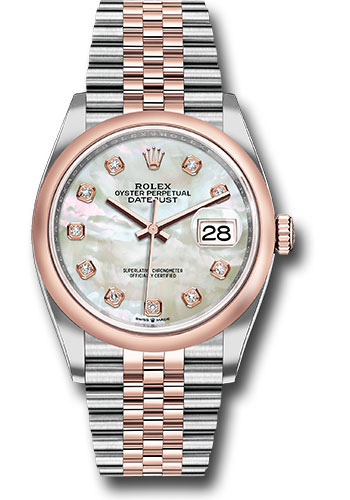Rolex Steel and Everose Rolesor Datejust 36 Watch - Domed Bezel - White Mother-Of-Pearl Diamond Dial - Jubilee Bracelet