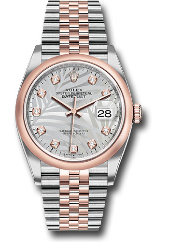 Rolex Everose Rolesor Datejust 36 Watch - Domed Bezel - Silver Palm Motif Diamond Dial - Jubilee Bracelet