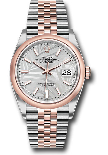 Rolex Everose Rolesor Datejust 36 Watch - Domed Bezel - Silver Palm Motif Index Dial - Jubilee Bracelet