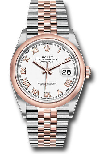 Rolex Steel and Everose Rolesor Datejust 36 Watch - Domed Bezel - White Roman Dial - Jubilee Bracelet
