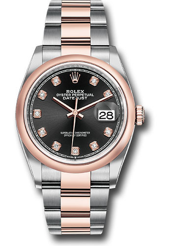 Rolex Steel and Everose Rolesor Datejust 36 Watch - Domed Bezel - Black Diamond Dial - Oyster Bracelet