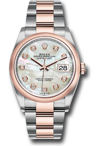 Rolex Steel and Everose Rolesor Datejust 36 Watch - Domed Bezel - White Mother-Of-Pearl Diamond Dial - Oyster Bracelet