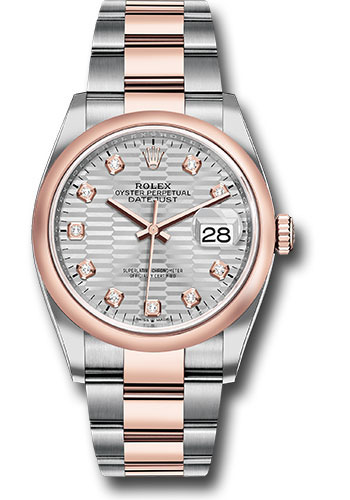 Rolex Everose Rolesor Datejust 36 Watch - Domed Bezel - Silver Fluted Motif Diamond Dial - Oyster Bracelet