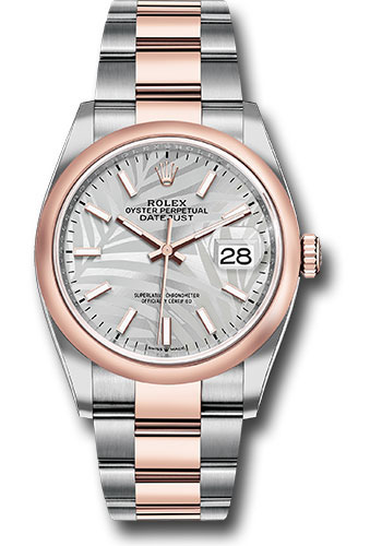 Rolex Everose Rolesor Datejust 36 Watch - Domed Bezel - Silver Palm Motif Index Dial - Oyster Bracelet