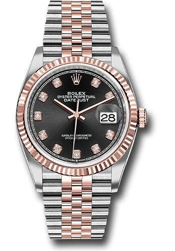 Rolex Steel and Everose Rolesor Datejust 36 Watch - Fluted Bezel - Black Diamond Dial - Jubilee Bracelet