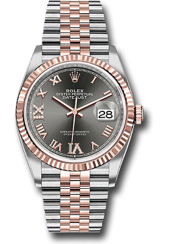 Rolex Steel and Everose Rolesor Datejust 36 Watch - Fluted Bezel - Dark Rhodium Roman Dial - Jubilee Bracelet