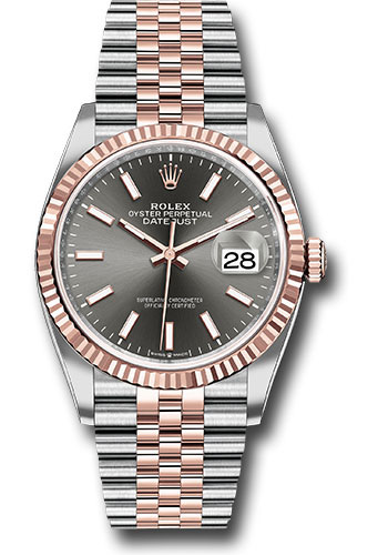 Rolex Steel and Everose Rolesor Datejust 36 Watch - Fluted Bezel - Dark Rhodium Index Dial - Jubilee Bracelet