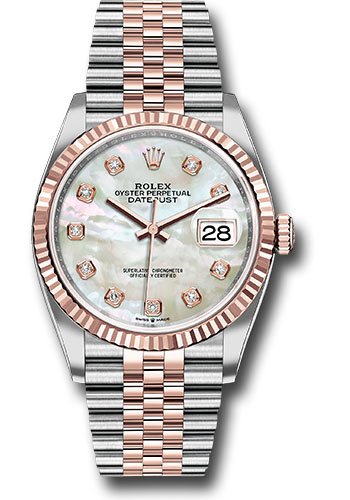 Rolex Steel and Everose Rolesor Datejust 36 Watch - Fluted Bezel - White Mother-Of-Pearl Diamond Dial - Jubilee Bracelet