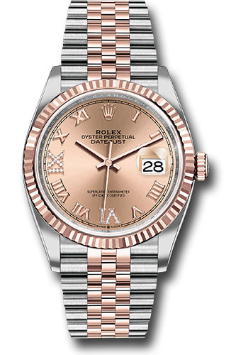 Rolex Steel and Everose Rolesor Datejust 36 Watch - Fluted Bezel - Rose Roman Dial - Jubilee Bracelet
