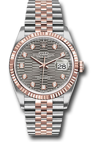 Rolex Everose Rolesor Datejust 36 Watch - Fluted Bezel - Slate Fluted Motif Diamond Dial - Jubilee Bracelet