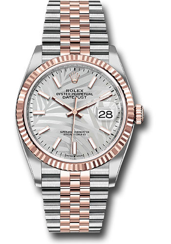 Rolex Everose Rolesor Datejust 36 Watch - Fluted Bezel - Silver Palm Motif Index Dial - Jubilee Bracelet