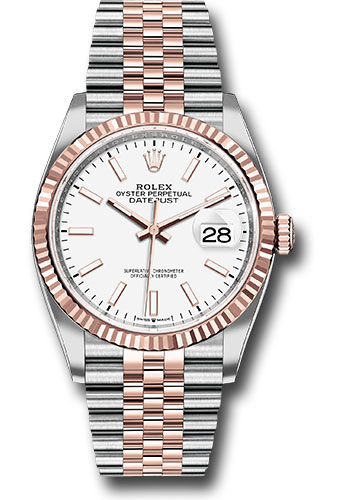 olex Steel and Everose Rolesor Datejust 36 Watch - Fluted Bezel - White Index Dial - Jubilee Bracelet