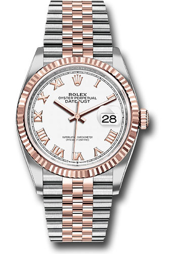Rolex Steel and Everose Rolesor Datejust 36 Watch - Fluted Bezel - White Roman Dial - Jubilee Bracelet