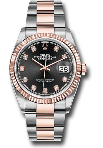 Rolex Steel and Everose Rolesor Datejust 36 Watch - Fluted Bezel - Black Diamond Dial - Oyster Bracelet