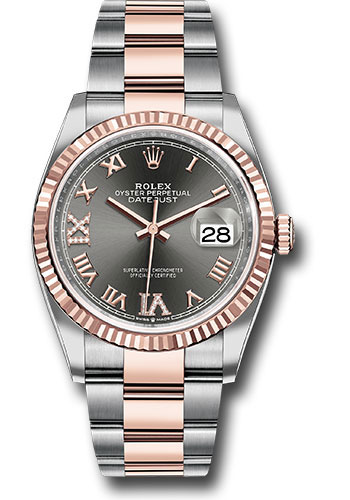 Rolex Steel and Everose Rolesor Datejust 36 Watch - Fluted Bezel - Dark Rhodium Roman Dial - Oyster Bracelet