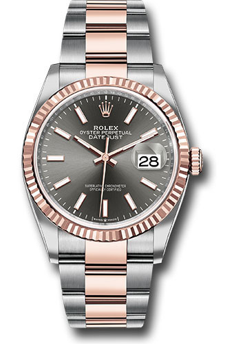 Rolex Steel and Everose Rolesor Datejust 36 Watch - Fluted Bezel - Dark Rhodium Index Dial - Oyster Bracelet