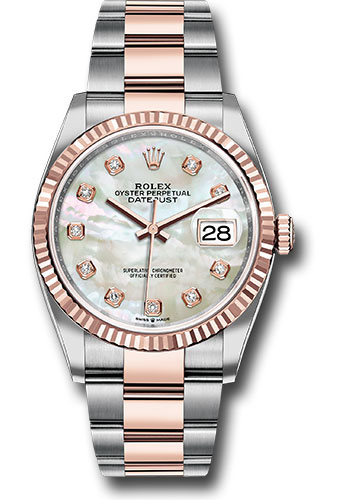 Rolex Steel and Everose Rolesor Datejust 36 Watch - Fluted Bezel - White Mother-Of-Pearl Diamond Dial - Oyster Bracelet