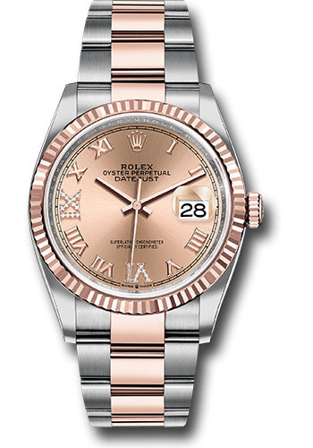 Rolex Steel and Everose Rolesor Datejust 36 Watch - Fluted Bezel - Rose Roman Dial - Oyster Bracelet