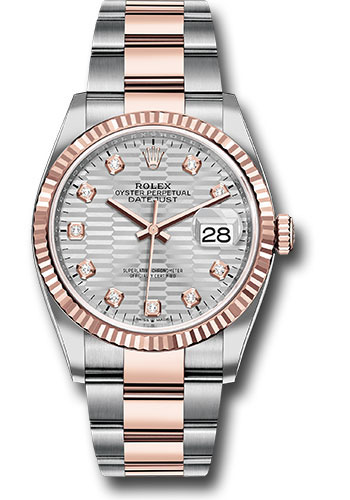 Rolex Everose Rolesor Datejust 36 Watch - Fluted Bezel - Silver Fluted Motif Diamond Dial - Oyster Bracelet