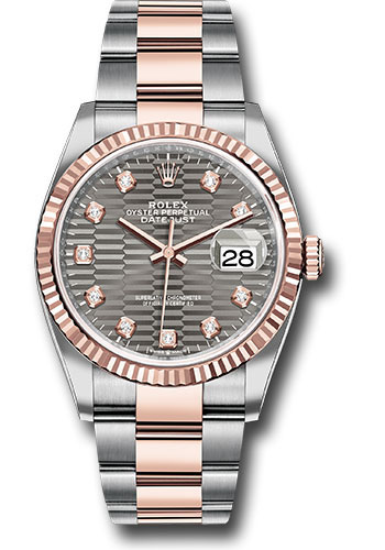 Rolex Everose Rolesor Datejust 36 Watch - Fluted Bezel - Slate Fluted Motif Diamond Dial - Oyster Bracelet
